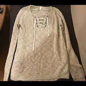 Xhilaration tan sweater with lace up detail Small